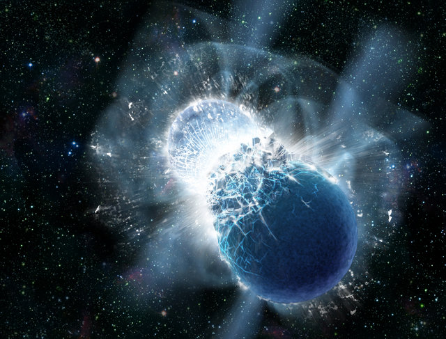 In front of a black background, two glowing balls collide.