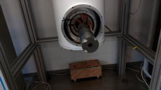 Figure 1: View of the side arm of the 3He/4He dilution refrigerator. The microcalorimeters are mounted at the front end. Several shields, which keep the operating temperature below 50 mK., are also visibile.