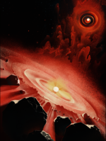 Artistic depiction of an AGB star mixing with the early Solar System. Künstlerische Darstellung eines AGB-Sterns, der sich mit dem frühen Sonnensystem vermischt