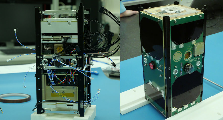 Auf der linken Bildhälfte ist die Elektronik zu sehen, auf der rechten Bildhälfte der Zustand nach dem Einbau in den rechteckigen Kasten.