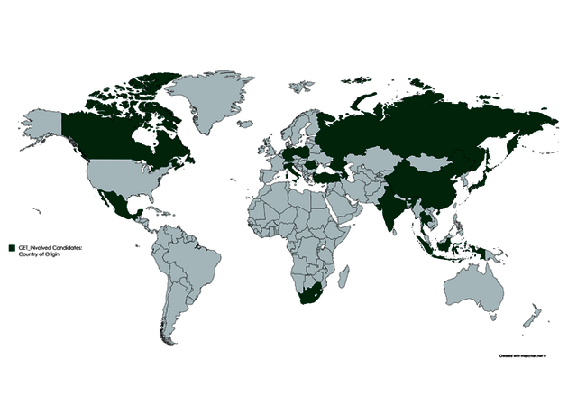 World map with 15 marked countries